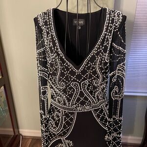 Xscape Black Long Sleeve Dress with White Beading